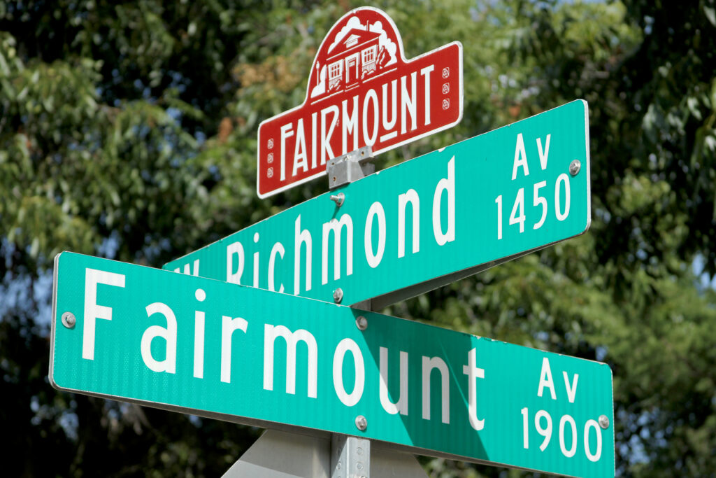 Street signs at an intersection in the Fairmount Historic District, Fort Worth, Texas