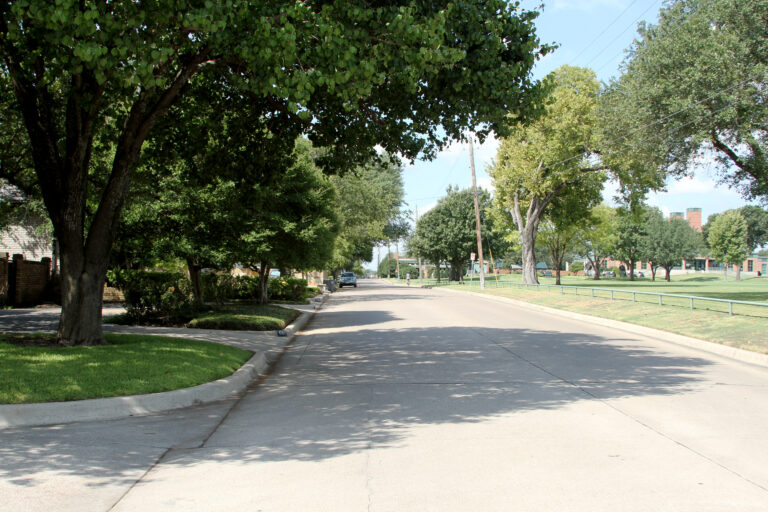 Tree-lined residential street in the Rivercrest area of Fort Worth, Texas