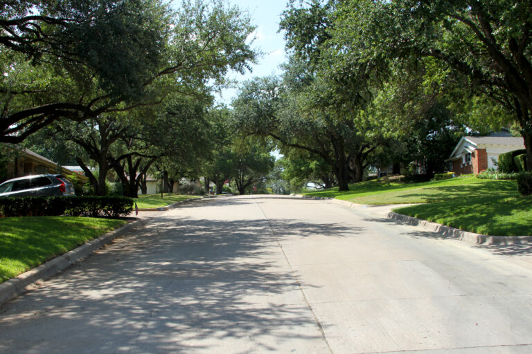 Tree-lined residential street in the Ridglea area of Fort Worth, Texas